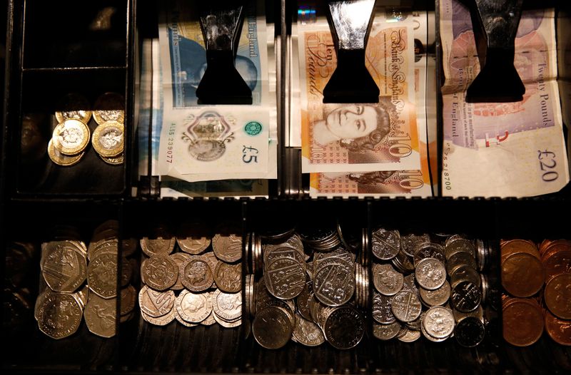 FILE PHOTO: Pound Sterling notes and change are seen inside a cash resgister in a coffee shop in Manchester