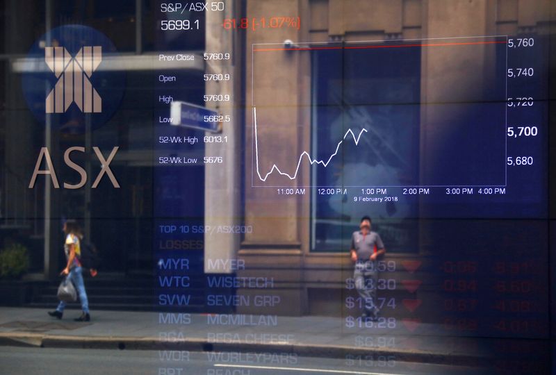 FILE PHOTO: Pedestrians are reflected in a window in front of a board displaying stock prices at the Australian Securities Exchange in Sydney