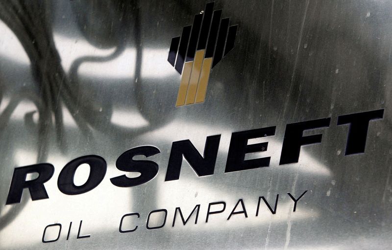 FILE PHOTO: A logo of Russian state oil firm Rosneft is seen at its office in Moscow