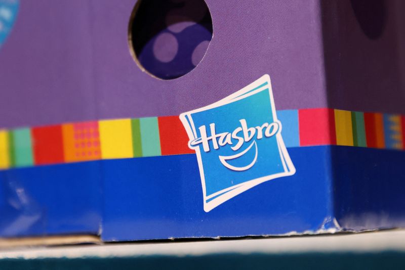 FILE PHOTO: The Hasbro, Inc. logo is seen on a toy for sale in a store in Manhattan, New York