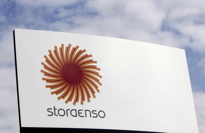FILE PHOTO: Stora Enso company logo is seen near a packaging mill in Riga