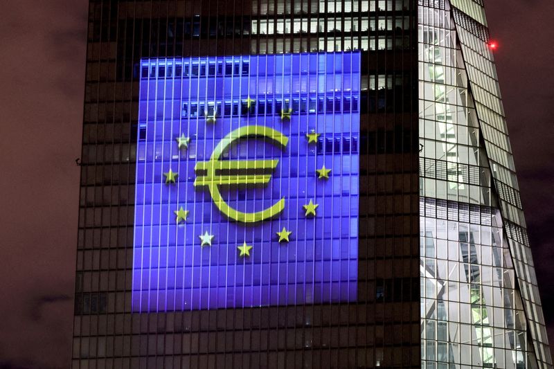 FILE PHOTO: Illumination at ECB headquarters for the Euro's 20th anniversary in Frankfurt, Germany
