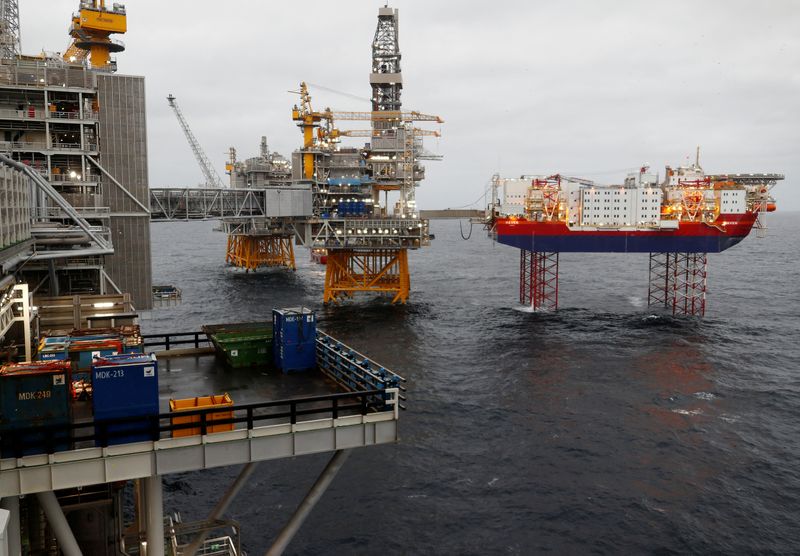 FILE PHOTO: Equinor's Johan Sverdrup oilfield platforms and accommodation jack-up rig Haven are pictured in the North Sea