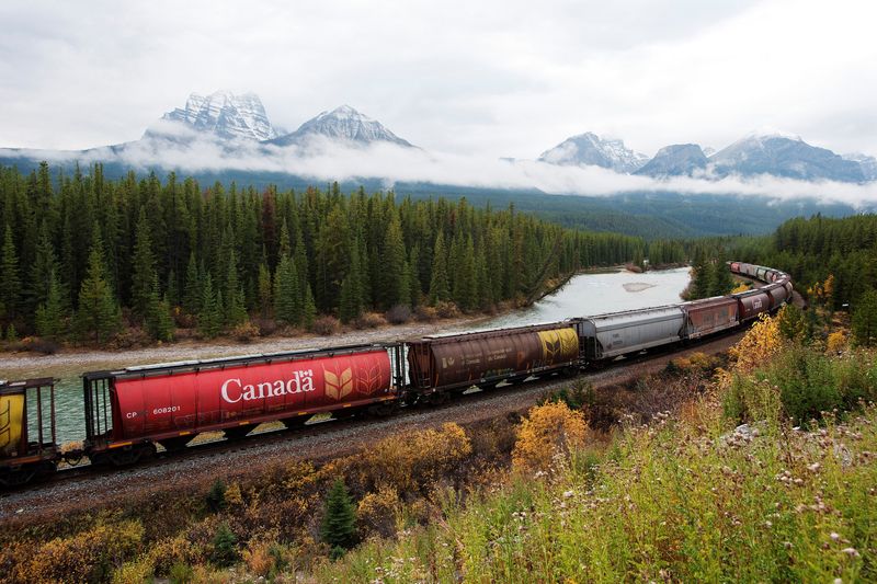 FILE PHOTO: Rail cars loaded with canadian wheat travel through the Rocky Mountains on the Canadian Pacific railway line near Banff, Alberta