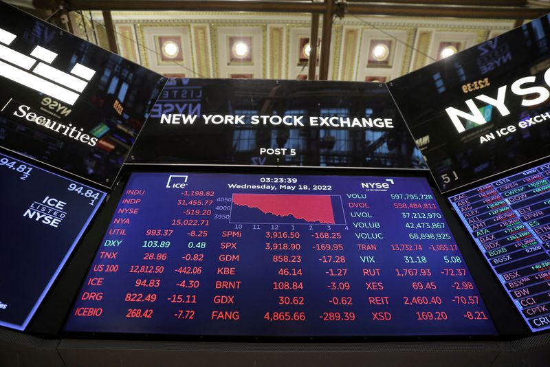 FILE PHOTO: A monitor displays stock market information on the trading floor at the New York Stock Exchange (NYSE) in Manhattan, New York City