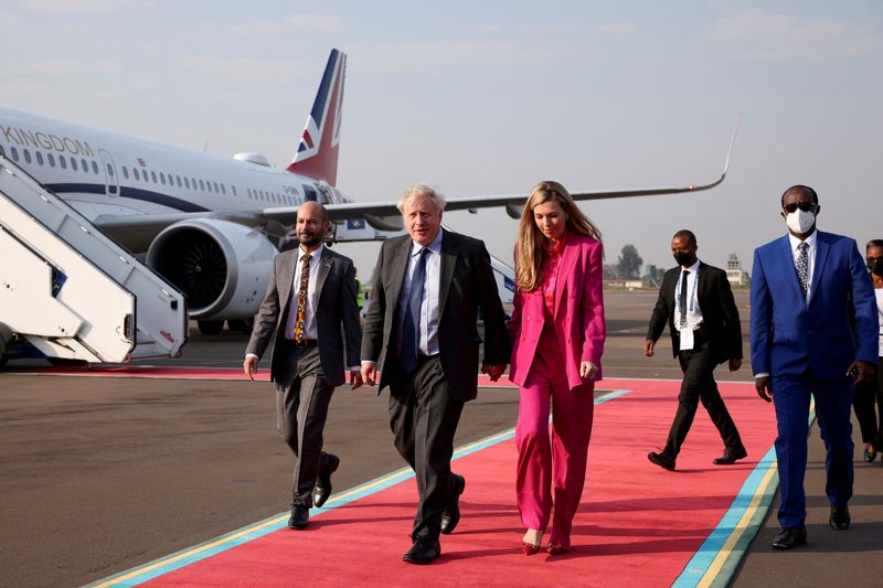 British PM Johnson arrives to attend the Commonwealth Heads of Government Meeting, in Kigali