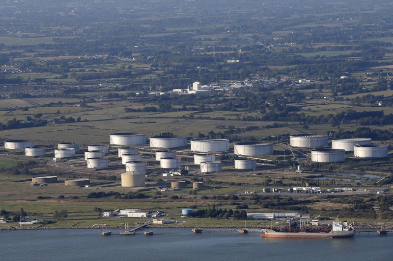 An aerial view shows a storage tank at the French oil giant Total refinery in Donges, western France
