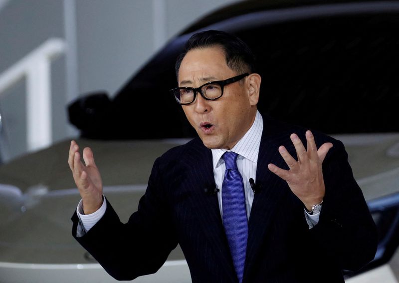 FILE PHOTO: Toyota CEO Akio Toyoda holds a briefing on battery EV strategy