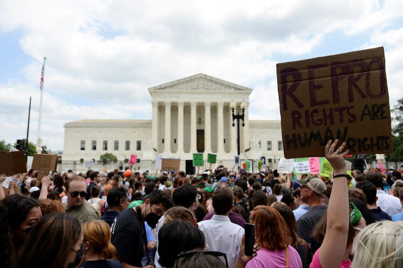Abortion rights supporters demonstrate outside the United States Supreme Court, in Washington