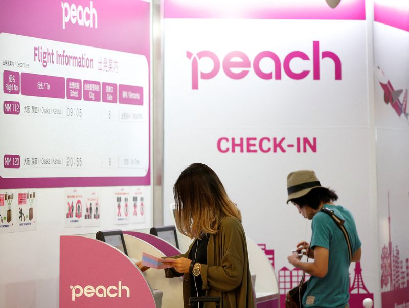 FILE PHOTO: Passengers use Peach Aviation's check-in machines at New Tokyo international airport in Narita