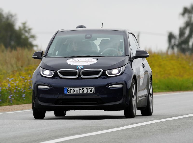 : FILE PHOTO: BMW i3 drives during electric car E-Rallye Baltica 2019 near Iecava, Latvia