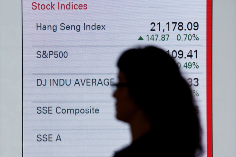 FILE PHOTO: A woman walks past a panel displaying stock indices of various markets in Hong Kong