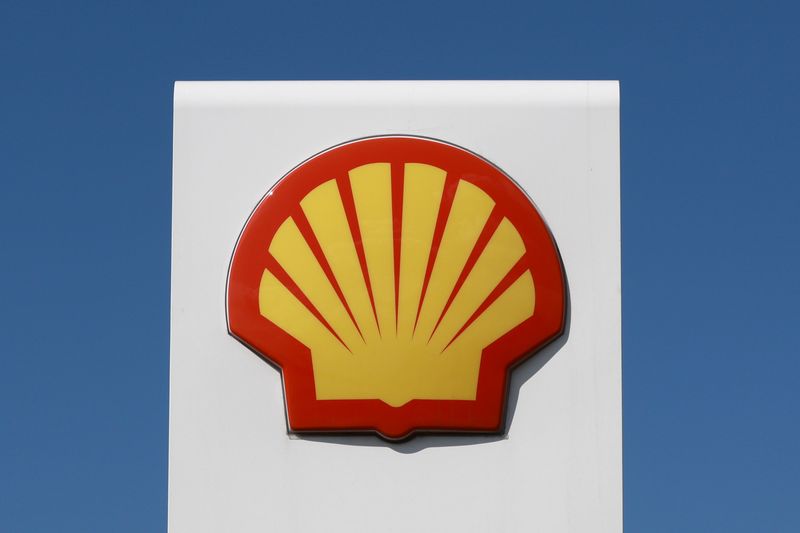 FILE PHOTO: A view shows a board with the logo of Shell at the company's fuel station in Saint Petersburg