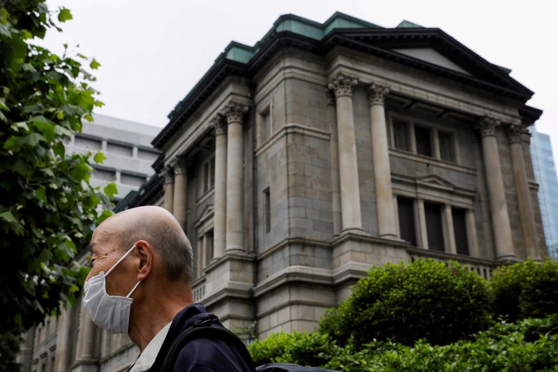 FILE PHOTO: A man wearing a protective mask stands in front of the headquarters of Bank of Japan amid the coronavirus disease (COVID-19) outbreak in Tokyo