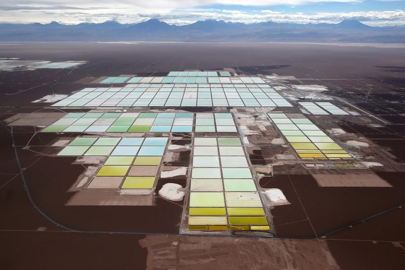 FILE PHOTO: An aerial view shows the brine pools and processing areas of the SQM lithium mine on the Atacama salt flat, in the Atacama desert of northern Chile