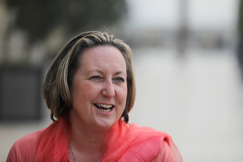 FILE PHOTO: British Secretary of State for International Trade Anne-Marie Trevelyan reacts during an interview with a foreign media at a hotel in New Delhi