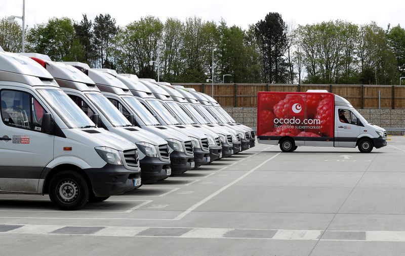 FILE PHOTO: Ocado delivery vans lined up prior to dispatch