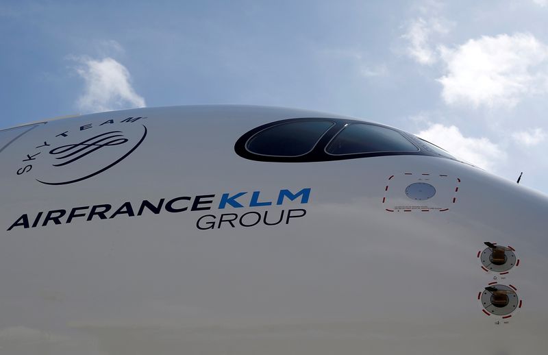 FILE PHOTO: Logo of Air France KLM Group is pictured on the first Air France airliner's Airbus A350 during a ceremony at the aircraft builder's headquarters of Airbus in Colomiers