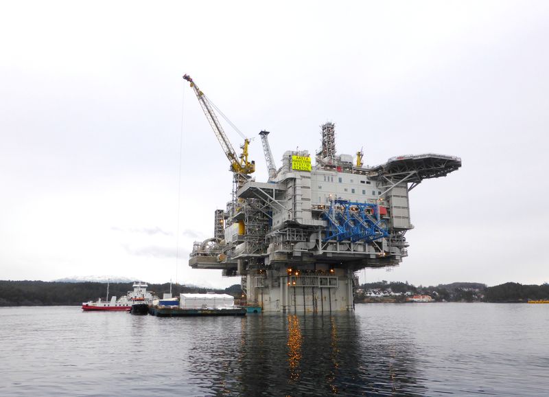 A general view of the Aasta Hansteen gas platform before departure to its final destination in the Norwegian Sea, at the yard in Stord