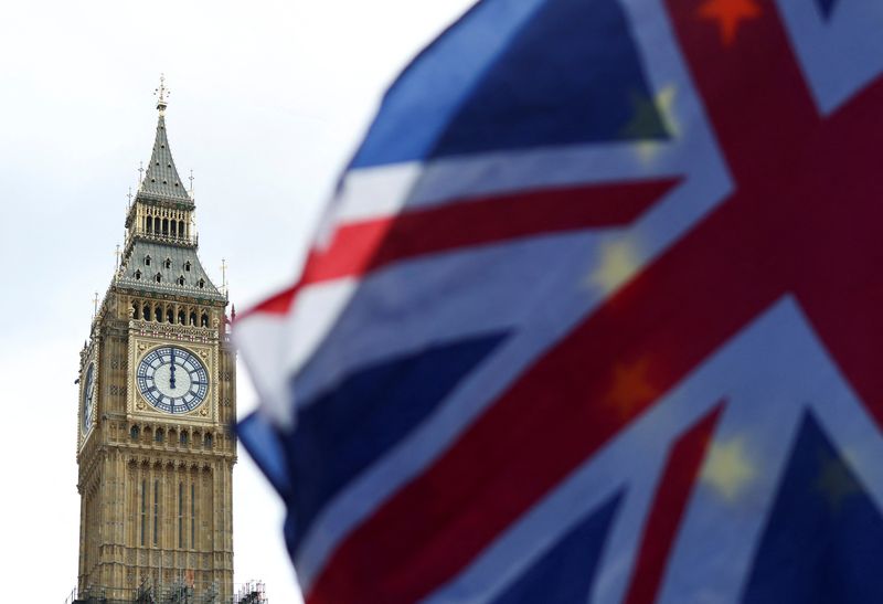 FILE PHOTO: The EU and Union Jack flags are flown outside the Houses of Parliament in London