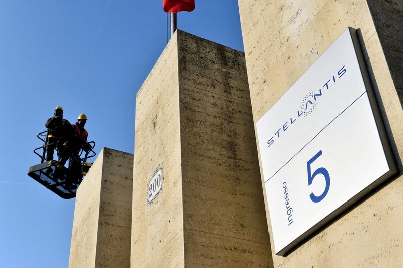 FILE PHOTO: FILE PHOTO: Logo of Stellantis seen at the main entrance of FCA Mirafiori plant in Turin