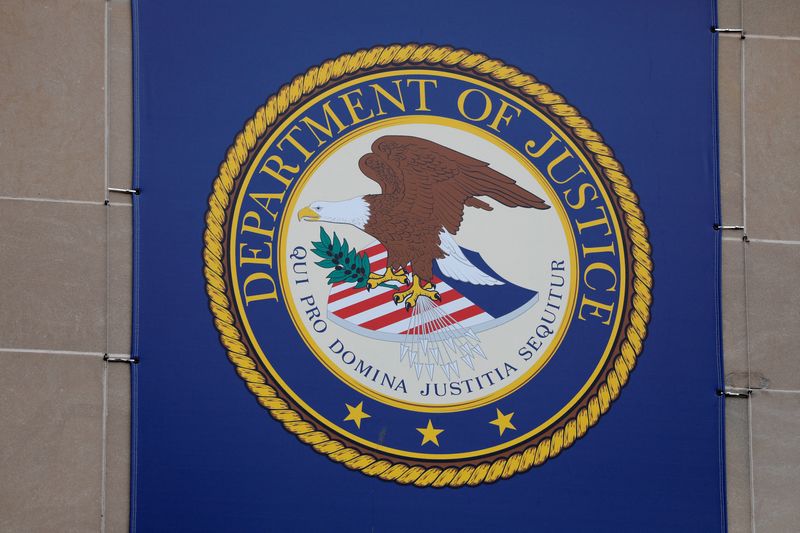 FILE PHOTO: The crest of the United States Department of Justice is seen at its headquarters in Washington, D.C.