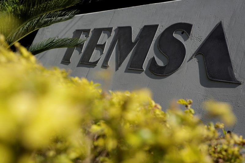 Logo of Coca Cola Femsa, the largest Coke bottler in the world, is pictured at its headquarters in Monterrey