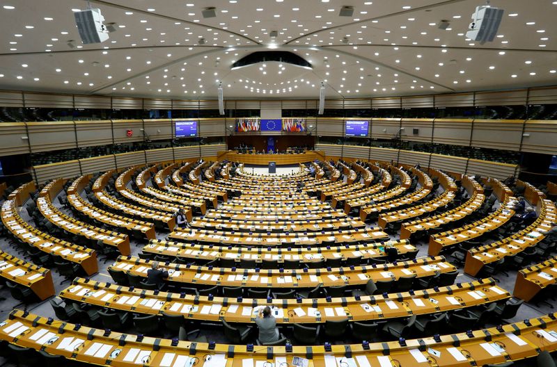 FILE PHOTO: A general view of the hemicycle where plenary sessions are taking place at the European Parliament in Brussels