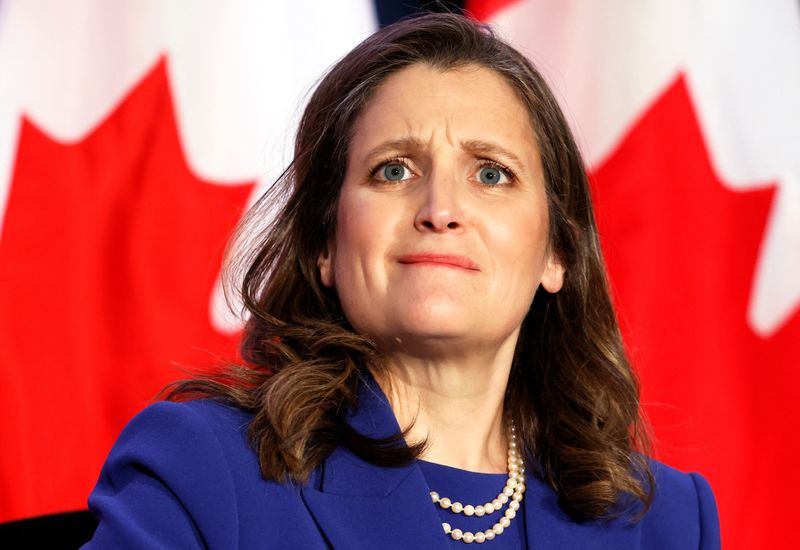 FILE PHOTO: Canada's Finance Minister Chrystia Freeland holds a news conference before delivering the 2022-23 budget, in Ottawa