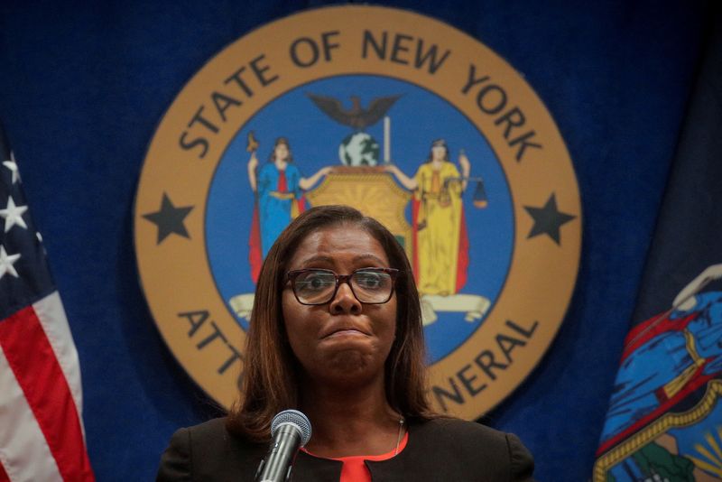 FILE PHOTO: New York State Attorney General Letitia James speaks during a news conference, to announce a suit to dissolve the National Rifle Association, In New York