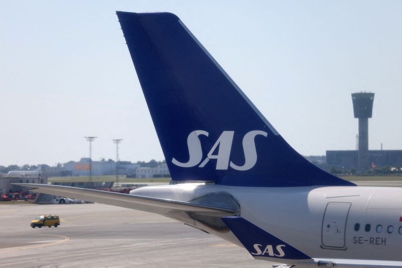 FILE PHOTO: The tail fin of Scandinavian Airlines (SAS) airplane parked on the tarmac at Copenhagen Airport Kastrup in Copenhagen