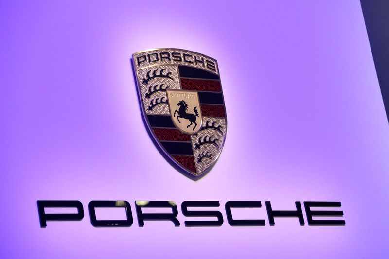 FILE PHOTO: The Porsche logo as the reveal of the 2020 Porsche 911 Speedster at the 2019 New York International Auto Show in New York