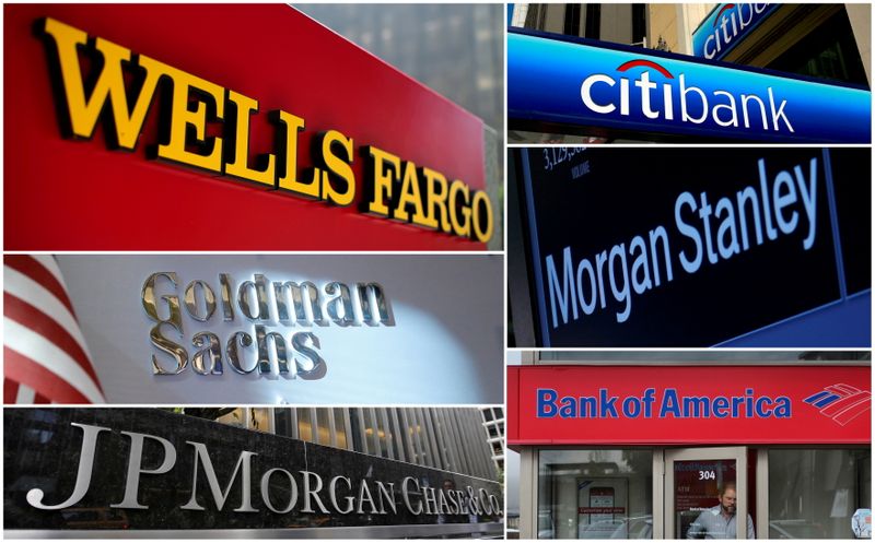 FILE PHOTO: A combination file photo shows Wells Fargo, Citigbank, Morgan Stanley, JPMorgan Chase, Bank of America, JPMorgan, and Goldman Sachs from Reuters archive