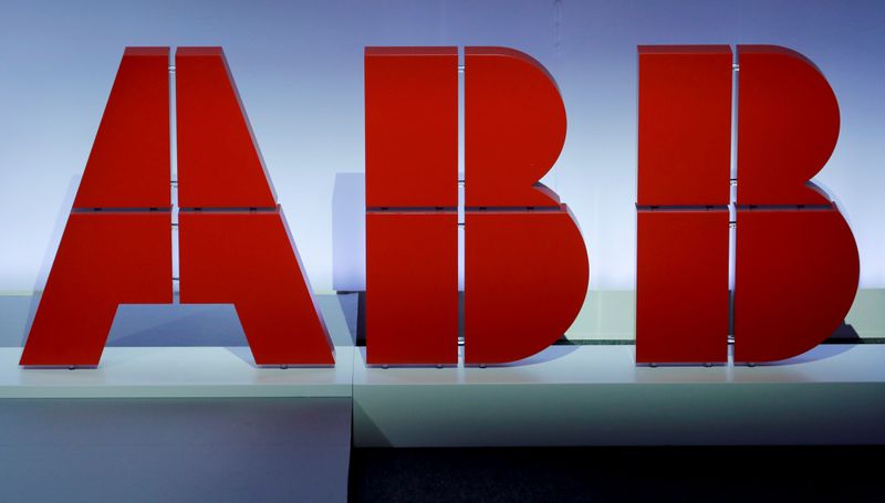 Logo of Swiss power technology and automation group ABB is seen during the company's annual news conference in Zurich
