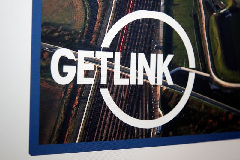 The logo of Channel tunnel operator Getlink, formerly known as Eurotunnel, is seen during the company's 2018 annual results presentation in Paris