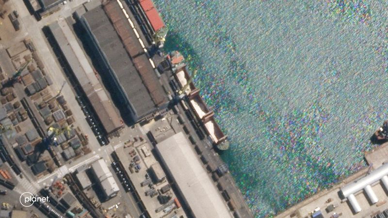 A satellite image from Planet Labs PBC shows the Russian-flagged bulk carrier SV Nikolay at port in Novorossiysk