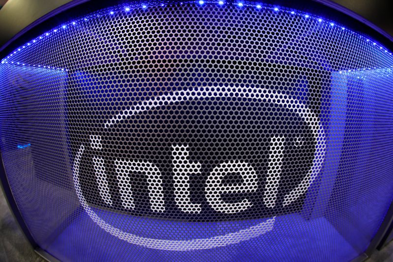 FILE PHOTO: Computer chip maker Intel's logo is shown on a gaming computer display during the opening day of E3, the annual video games expo revealing the latest in gaming software and hardware in Los Angeles