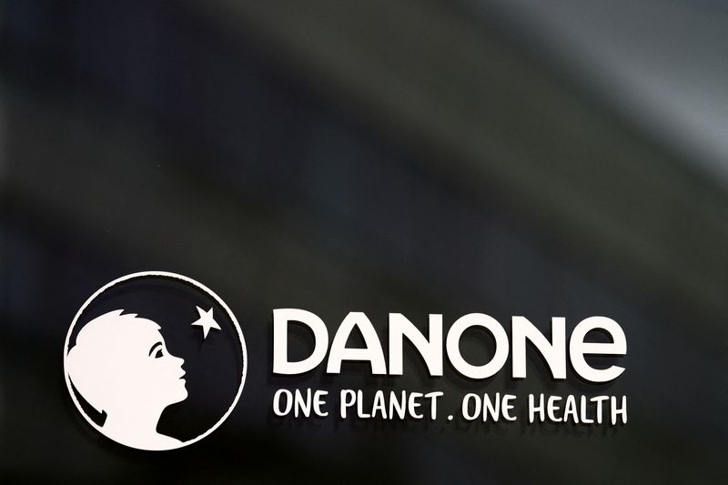 FILE PHOTO: Logo of French food group Danone at the company headquarters in Rueil-Malmaison