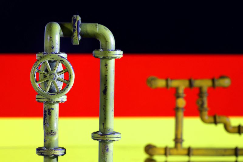 Modellini di gasdotti davanti a una bandiera tedesca.