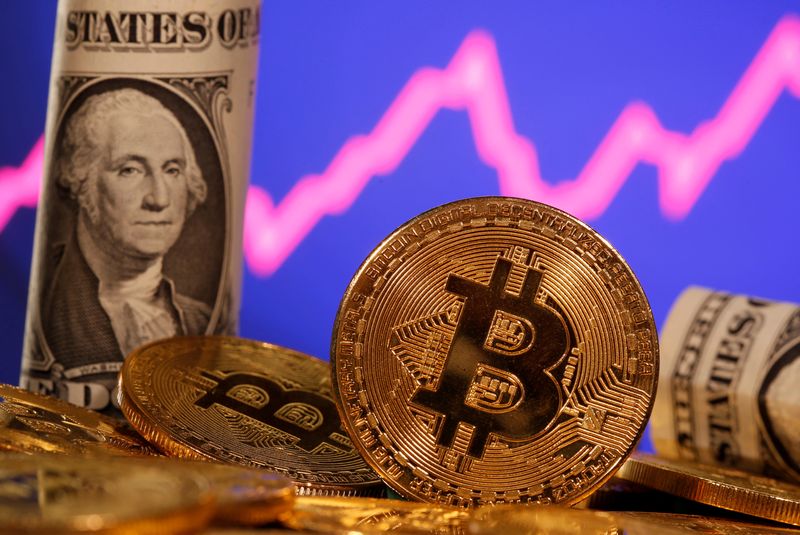FILE PHOTO: FILE PHOTO: A representation of virtual currency bitcoin and a U.S. one dollar banknote are seen in front of a stock graph in this illustration