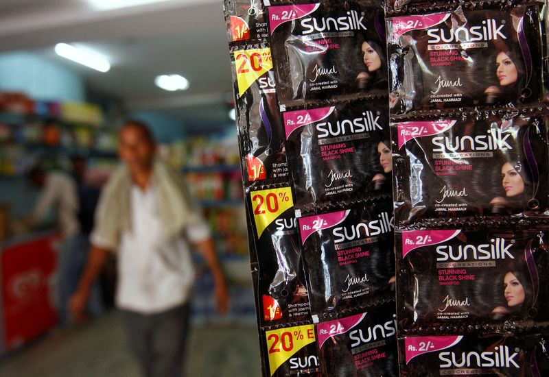 FILE PHOTO: Sachets of shampoo by Sunsilk, a Hindustan Unilever Limited brand, hang on display at a shop in the old quarters of Delhi