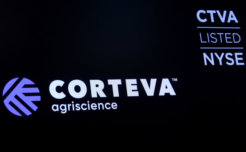 The logo and trading info for Corteva Agriscience, a former division of DowDuPont, is displayed on a screen at the NYSE in New York