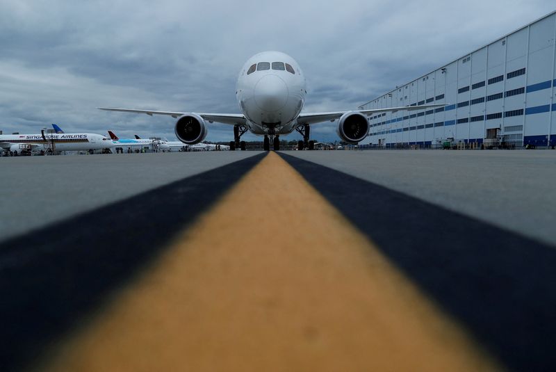 FILE PHOTO: The new Boeing 787-10 Dreamliner sits on the tarmac before a delivery ceremony to Singapore Airlines at the Boeing South Carolina Plant in North Charleston