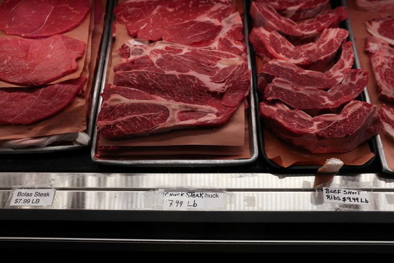 Cuts of meat are seen for sale at a butcher shop in Manhattan, New York City