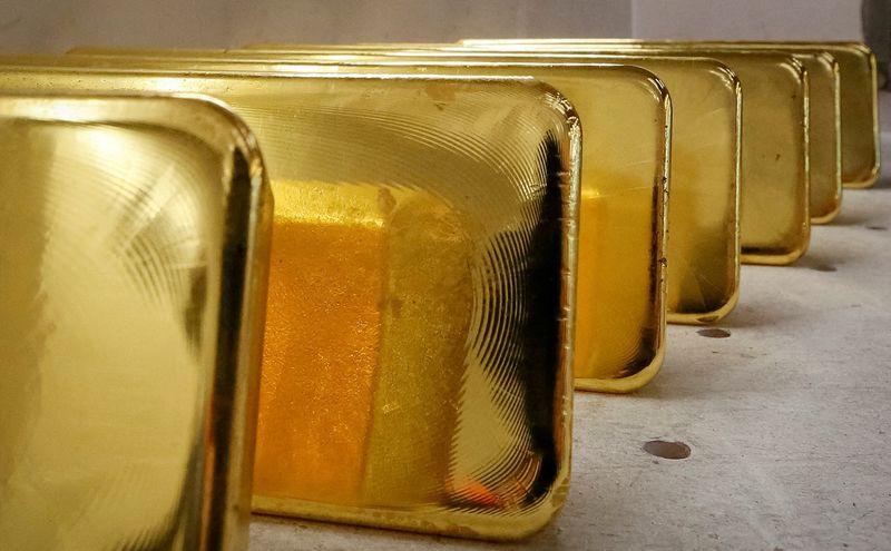 FILE PHOTO: Newly casted ingots of 99.99% pure gold are stored after weighing at the Krastsvetmet non-ferrous metals plant in the Siberian city of Krasnoyarsk