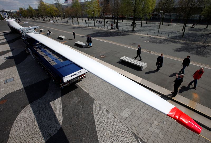 FILE PHOTO: Rotor blade of Vestas wind turbine is displayed at Hannover Messe industrial trade fair in Hanover