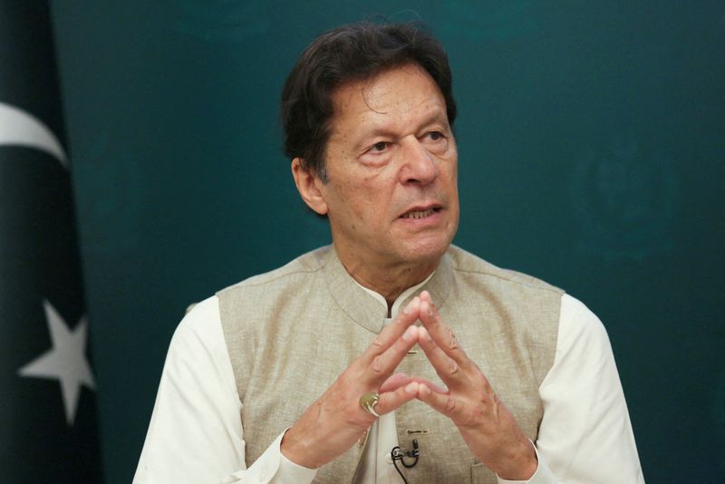 FILE PHOTO: Pakistan's Imran Khan speaks during an interview with Reuters in Islamabad,