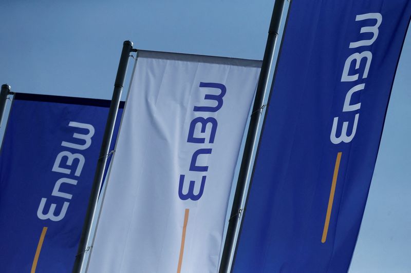 FILE PHOTO: Flags of German power supplier EnBW Energie Baden-Wuertemberg AG are pictured at the company's headquarters in Karlsruhe