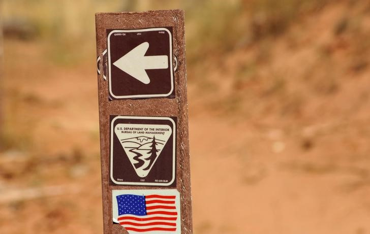 U.S. Department of the Interior Bureau of Land Management trail marker is shown along the Arch Canyon trail in Bears Ears National Monument, New Mexico