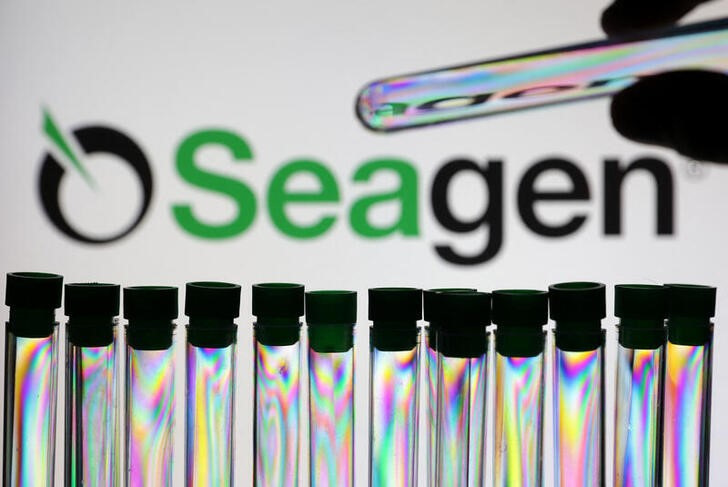 Illustration shows test tubes and Seagen logo